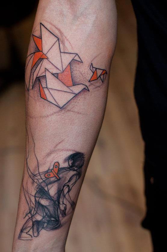 Flying Paper Birds Tattoo On Right Forearm