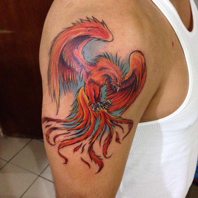 Flying Phoenix Bird Tattoo On Man Right Half Sleeve By Pig Legion