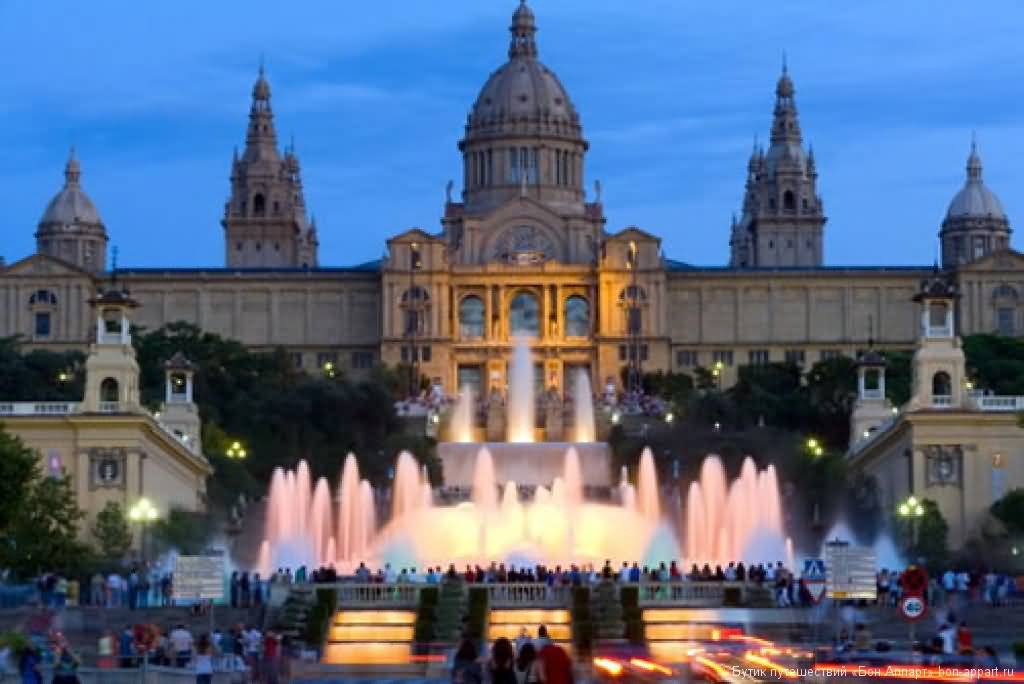 Fountain Show In Front Of Palau Nacional At Night