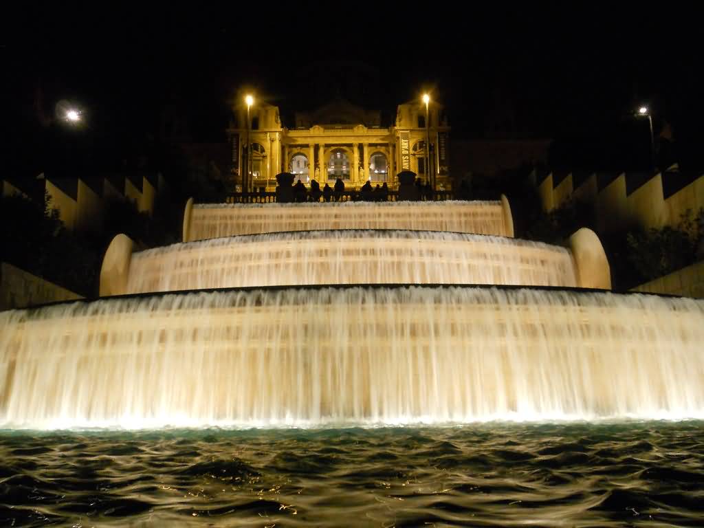 Fountains In Front Of Palau Nacional At Night