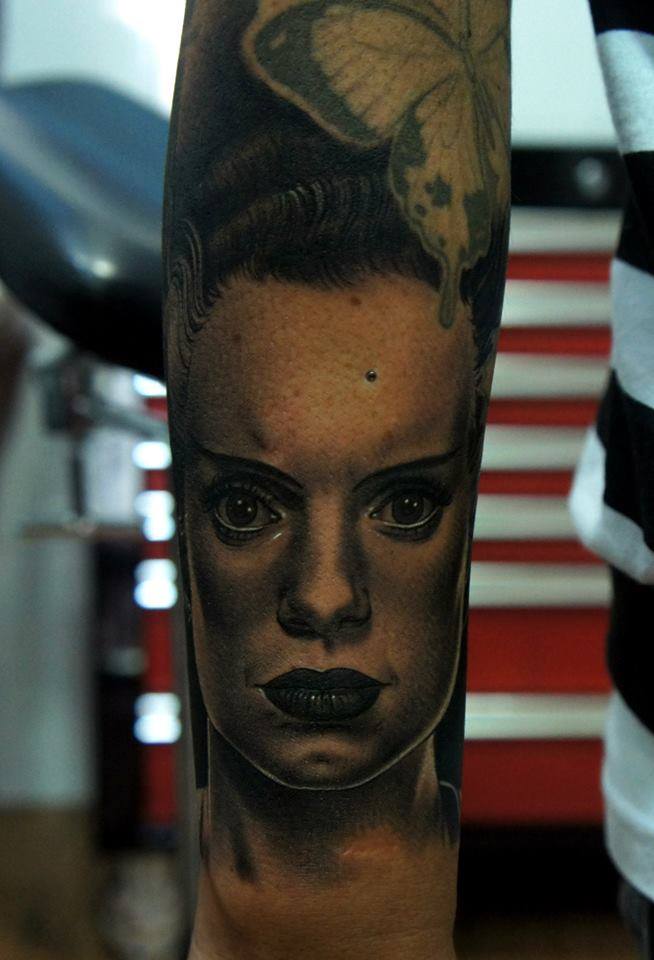 Frankenstein Bride Tattoo On Left Half Sleeve