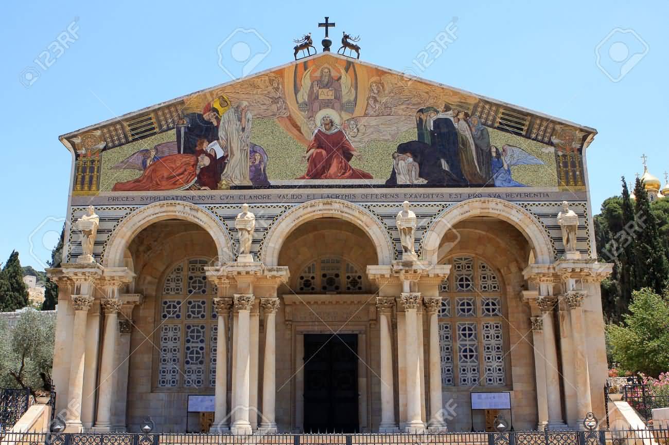 Front Facade Of The Church Of All Nations In Jeruslame, Israel