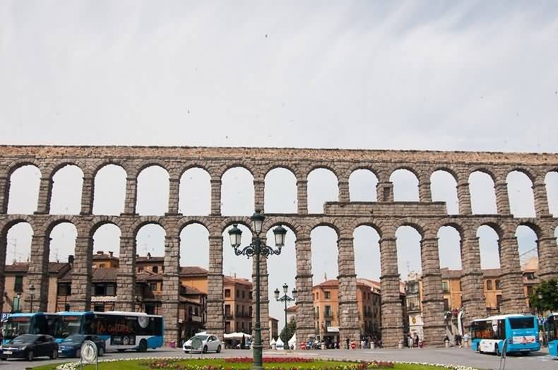 Front Picture Of The Aqueduct Of Segovia In Spain