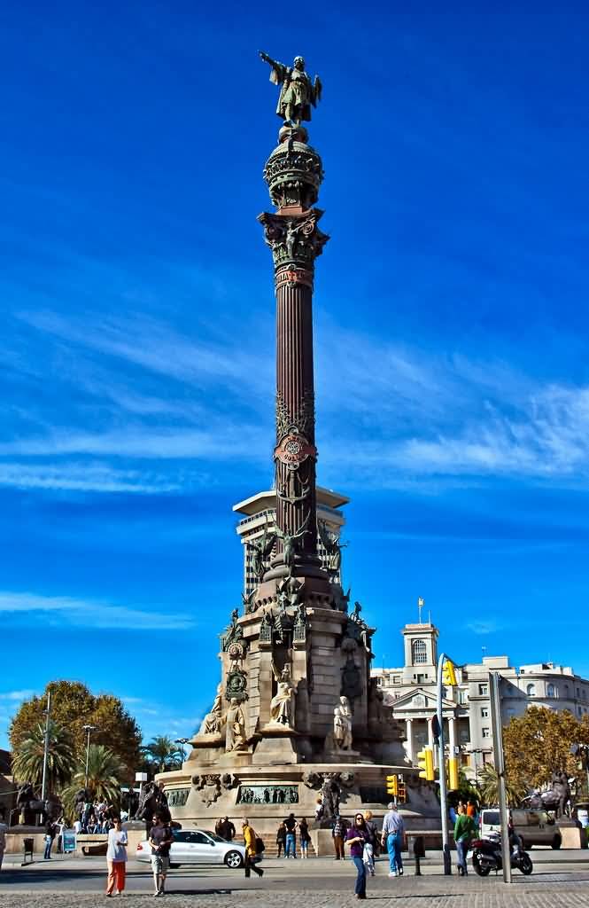 Full View Of The Columbus Monument In Barcelona