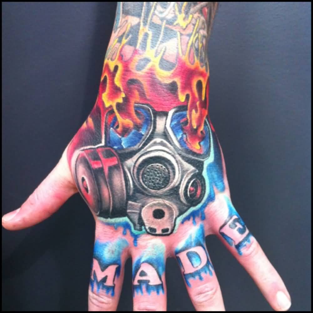 Gas Mask Tattoo On Left Hand
