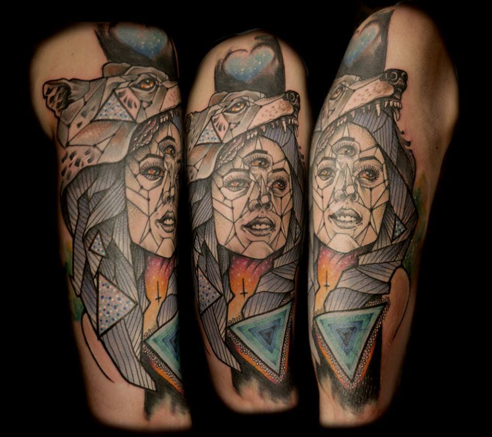 Geometric Wolf Head Women Tattoo On Right Half Sleeve By Jubs Contraseptik