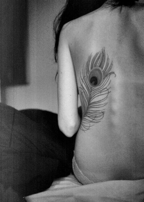 Girl Back Body Grey Ink Peacock Feather Tattoo