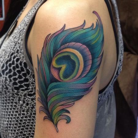 Girl Left Shoulder Peacock Feather Tattoo