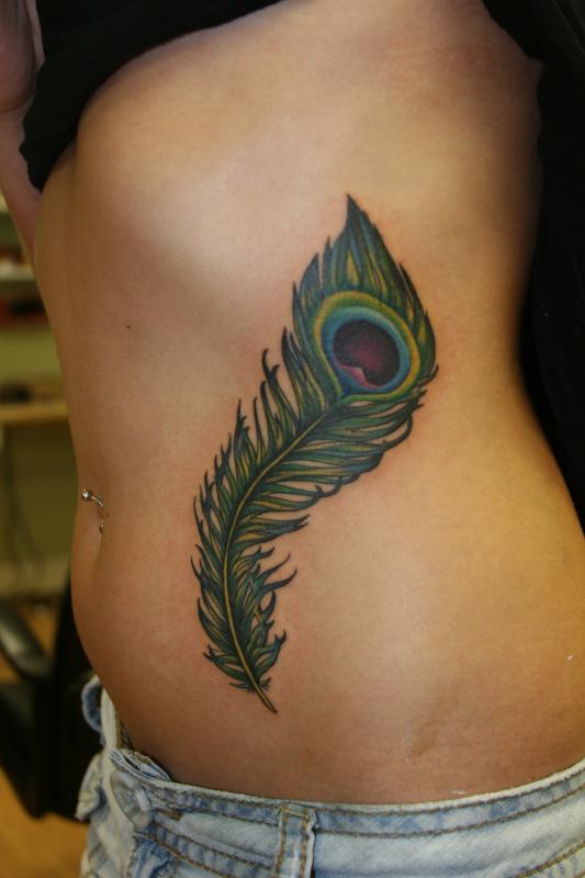 Girl Side Rib Peacock Feather Tattoo