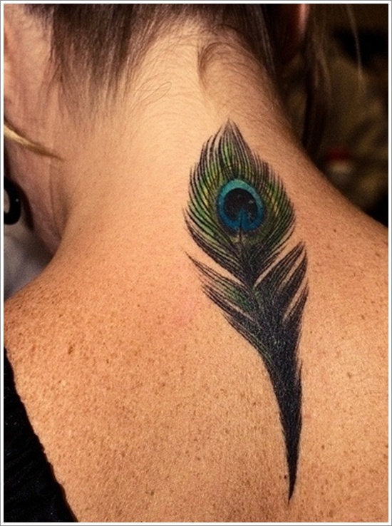 Girl Upper Back Peacock Feather Tattoo Idea