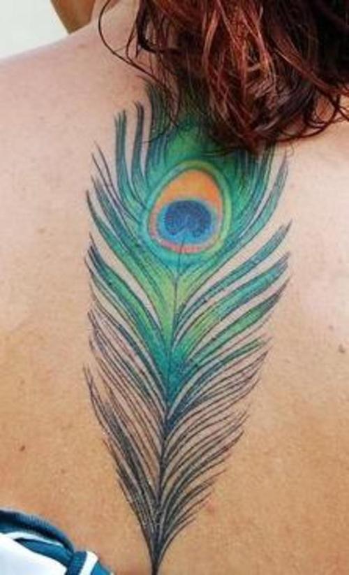 Girl Upper Back Peacock Feather Tattoo