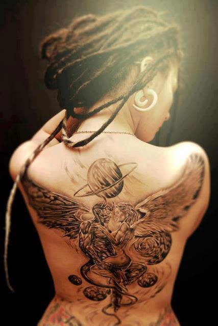 Girl With Angel Tattoo On Back Body