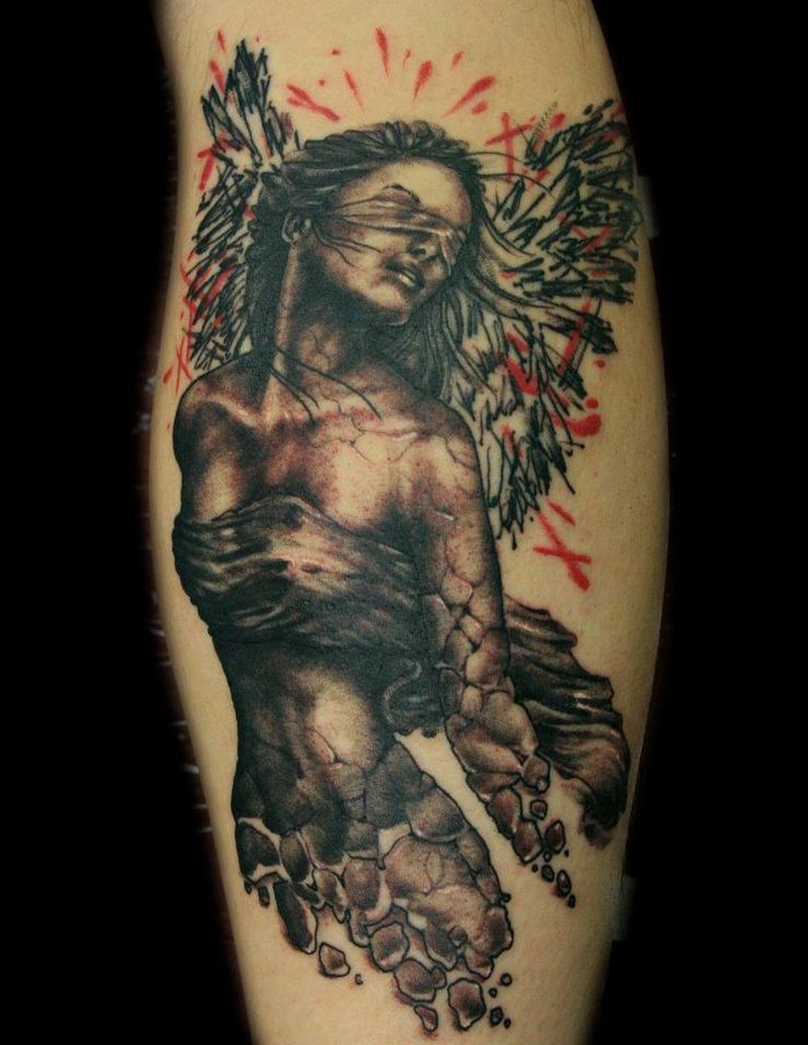 Grey And Black Angel Tattoo On Back Leg