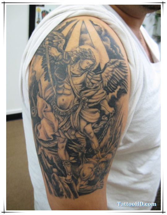 Grey And Black Angel Tattoo On Right Half Sleeve