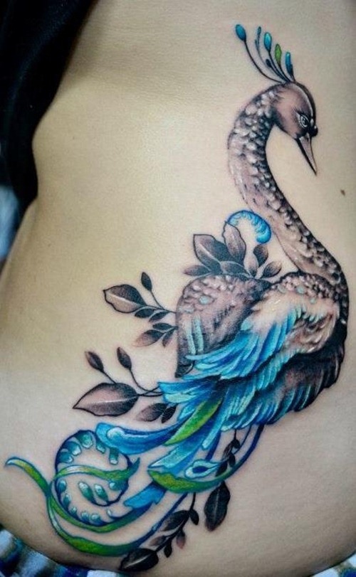 Grey And Blue Peacock Feather Tattoo On Rib Side