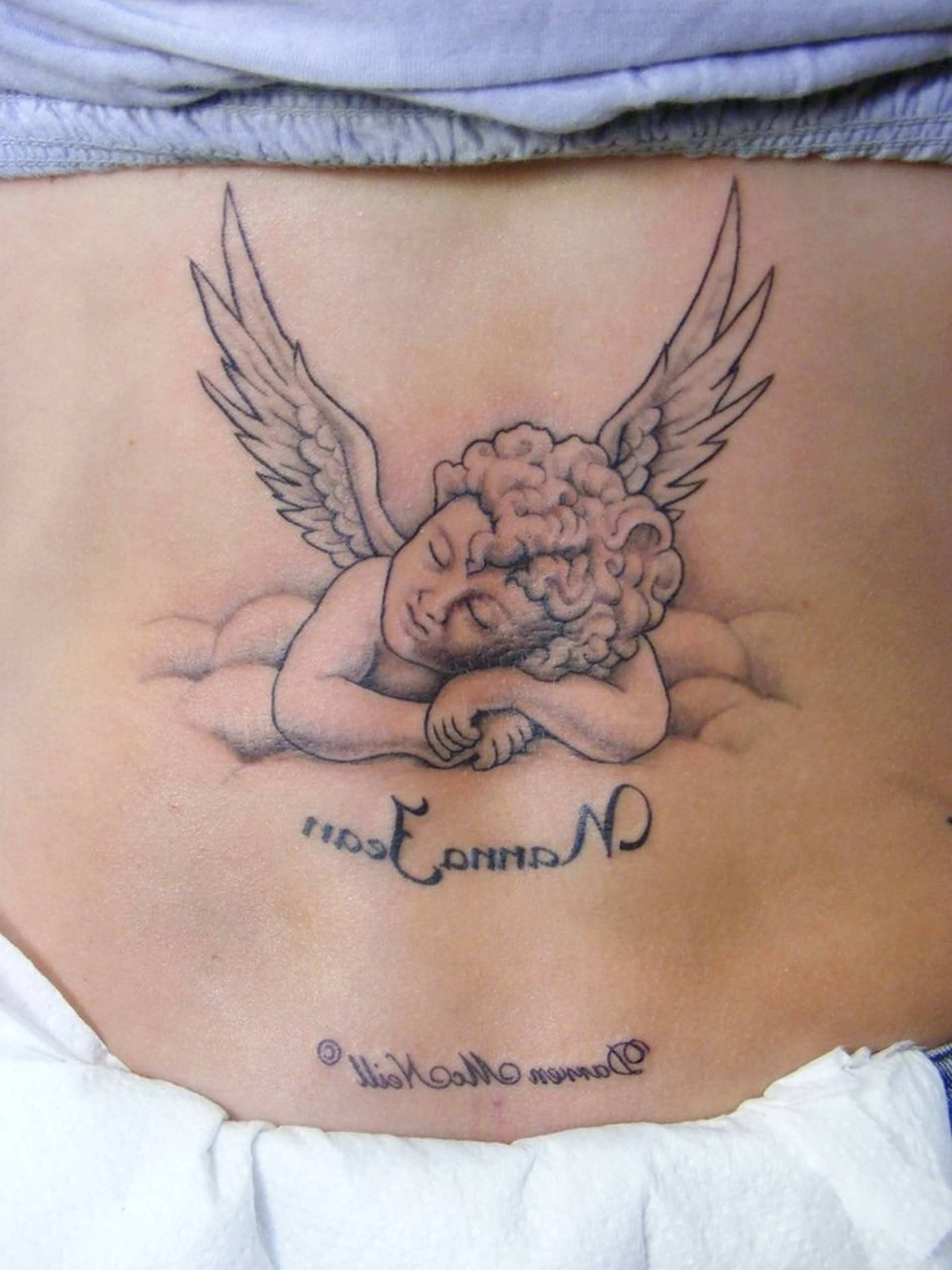 Grey Angel Tattoo On Lower Back