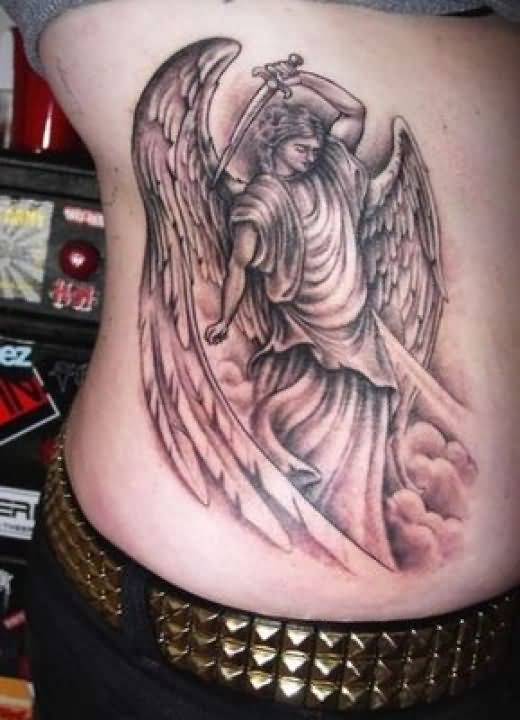 Grey Angel Tattoo On Rib Side