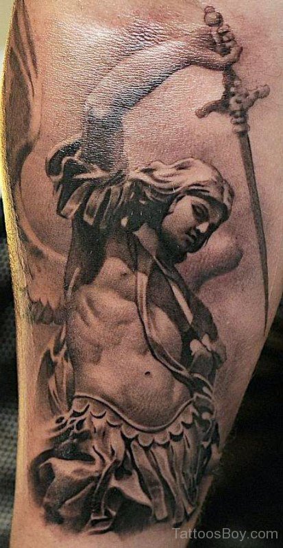 Grey Angel With Dagger Tattoo On Arm Sleeve