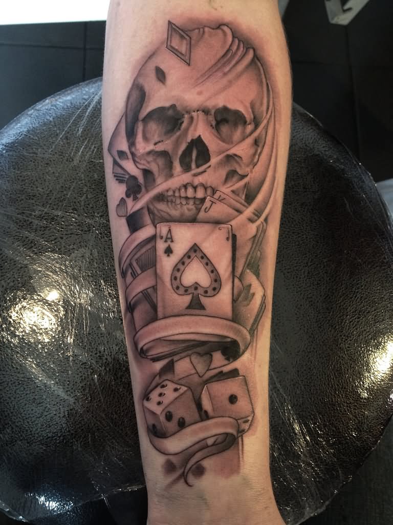 Grey Dice And Skull Tattoo On Arm Sleeve