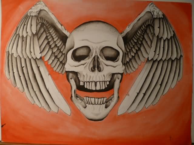 Grey Ink 3D Skull With Wings Tattoo Design