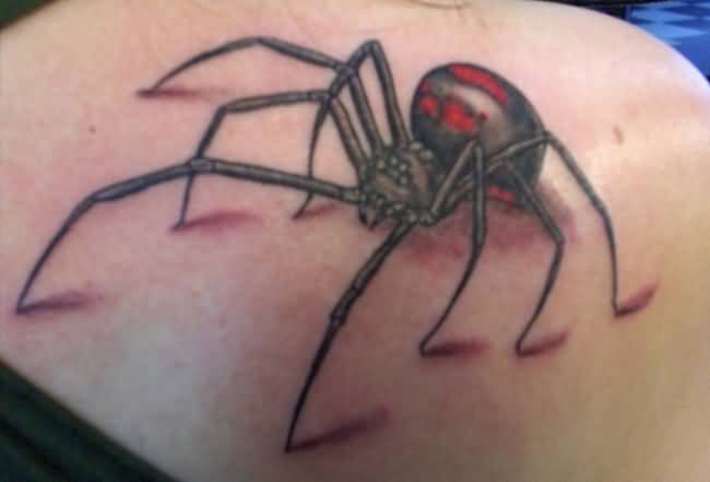 Grey Ink 3D Spider Tattoo On Shoulder