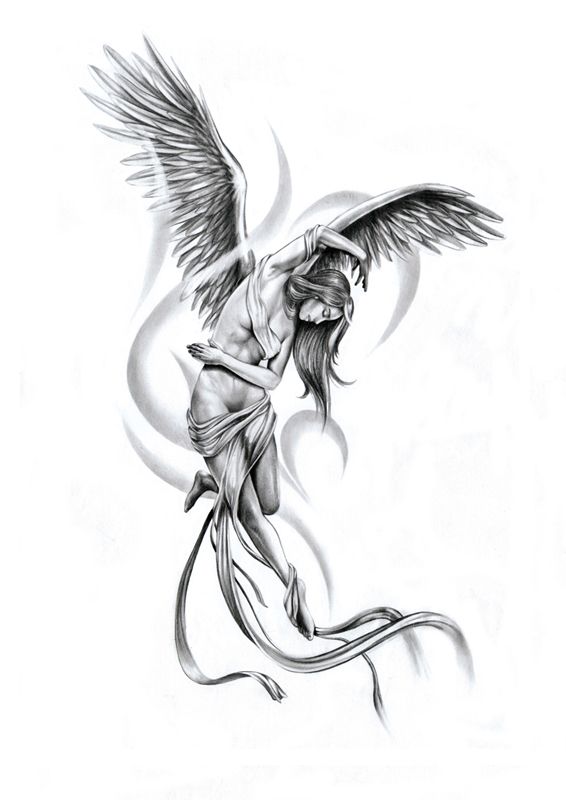 Grey Ink Angel Girl Tattoo Design