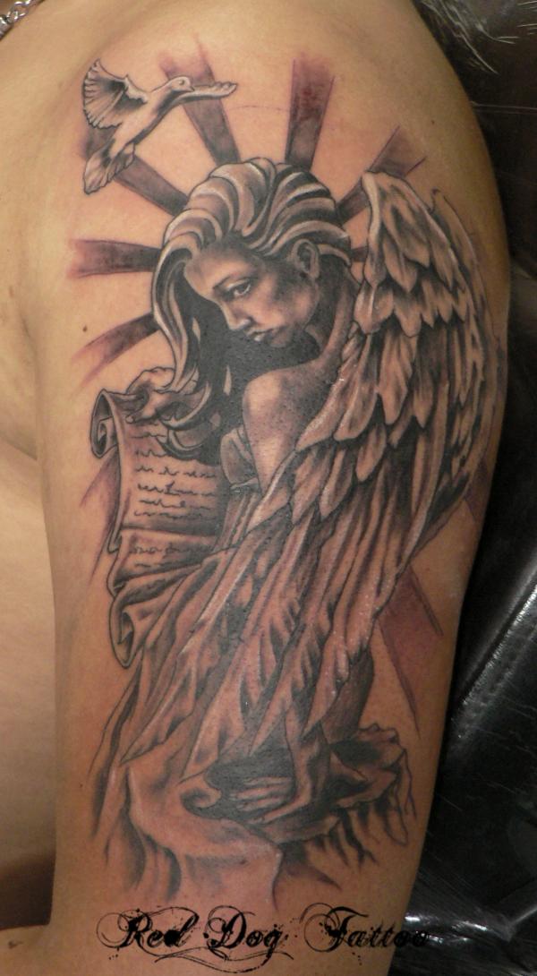 Grey Ink Angel Tattoo On Left Half Sleeve by Red Dog Tattoo