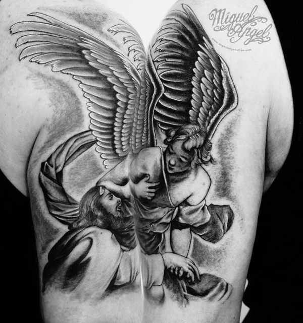 Grey Ink Angel Tattoo On Left Shoulder
