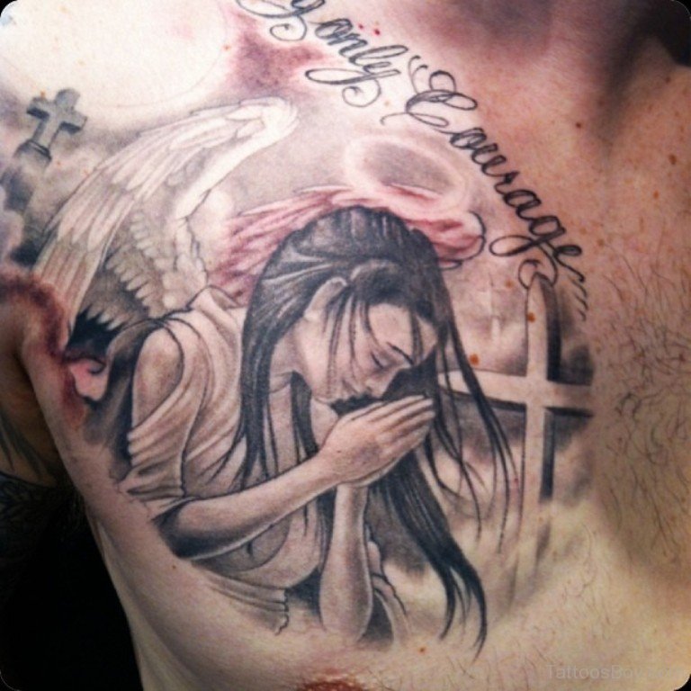 Grey Ink Angel Tattoo On Man Chest