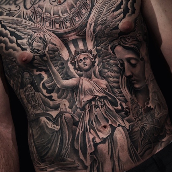 Grey Ink Angel Tattoo On Man Full Body