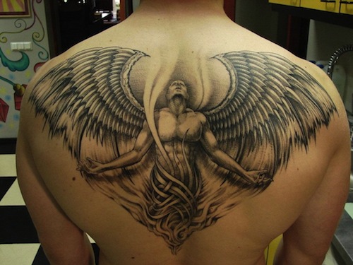 Grey Ink Angel Tattoo On Man Upper Back