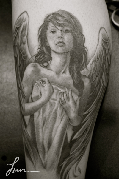 Grey Ink Angel Tattoo on Leg