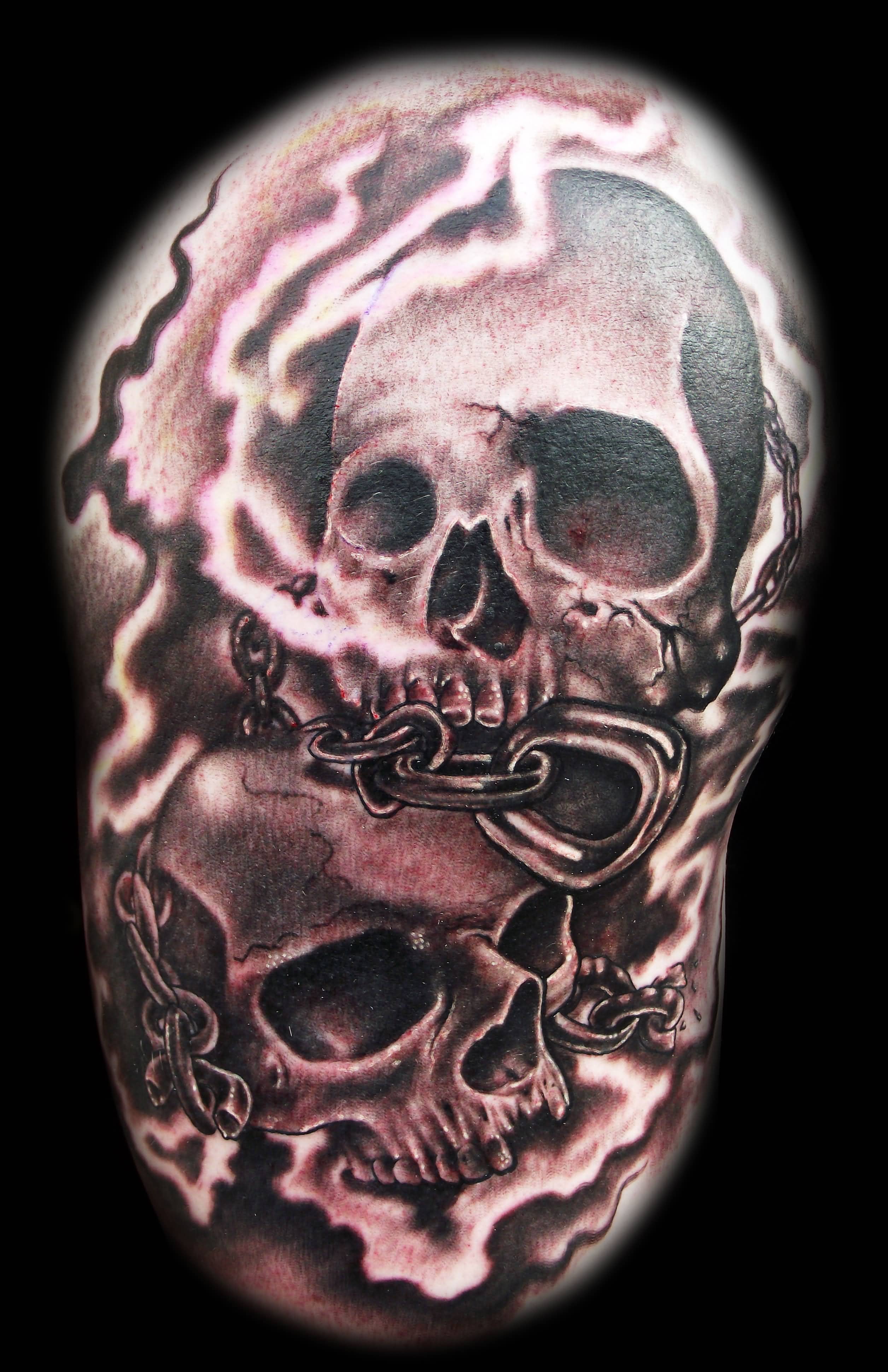 Grey Ink Chain and Skull Tattoo Design For Half Sleeve
