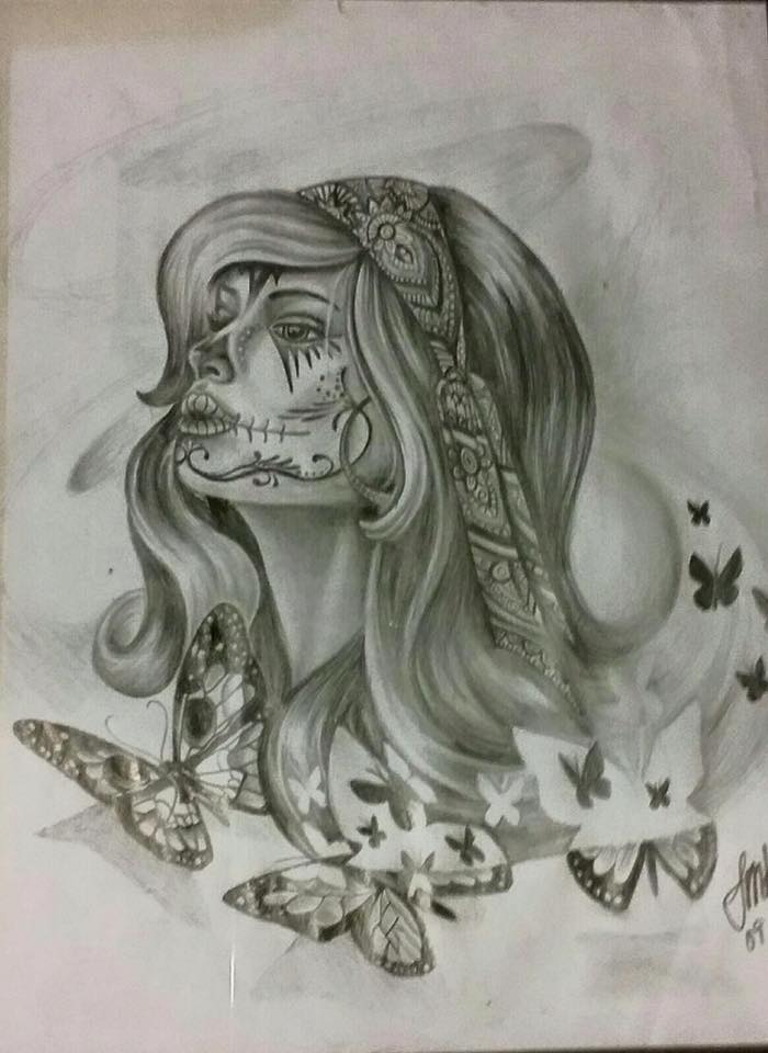 Grey Ink Dia De Los Muertos Girl Face With Flying Butterflies Tattoo Design