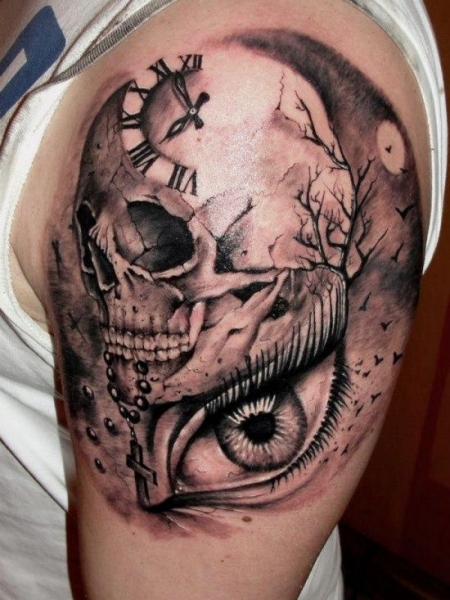 Grey Ink Eye And Skull With Clock Tattoo On Left Shoulder