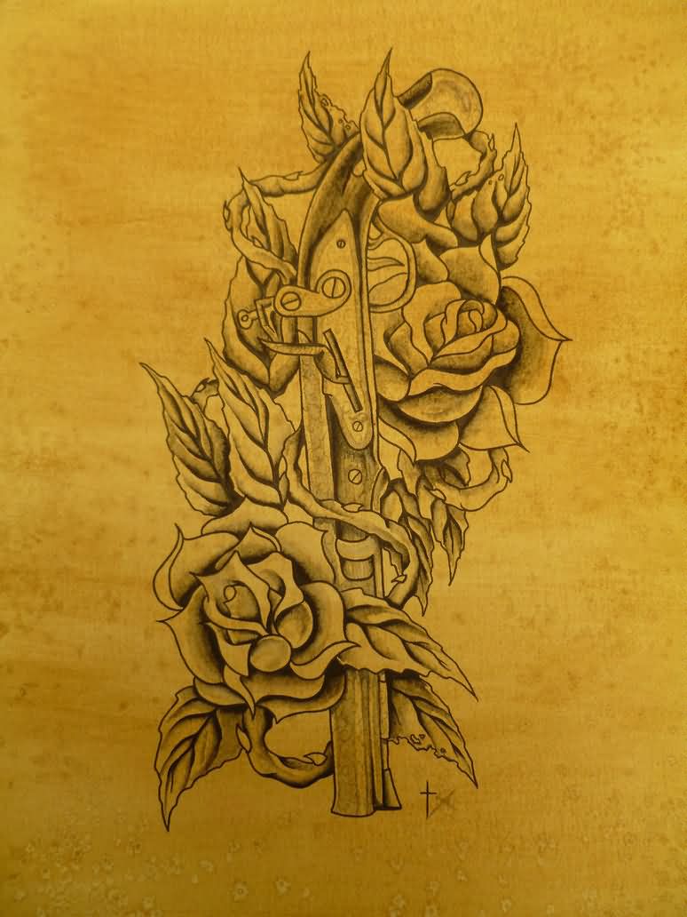 Grey Ink Flintlock With Roses Tattoo Design By Tyler Bishop