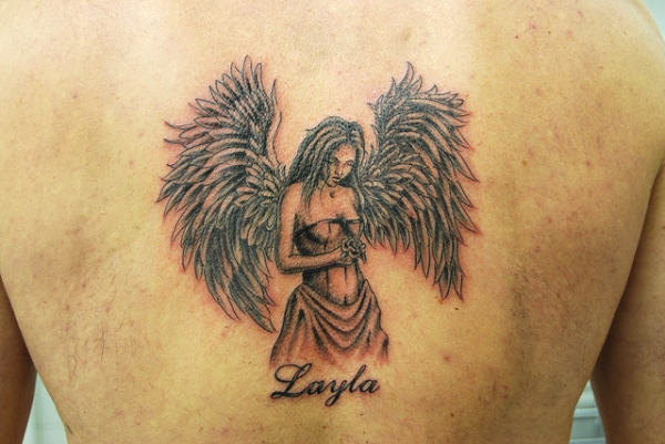 Grey Ink Layla Angel Tattoo On Back