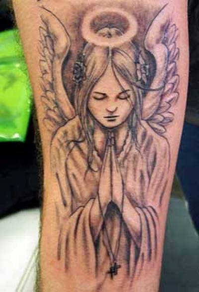 Grey Ink Praying Angel Tattoo On Forearm