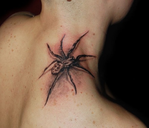 Grey Ink Side Neck Spider Tattoo