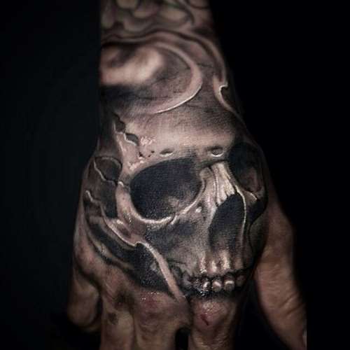 Grey Ink Skull Tattoo On Right Hand