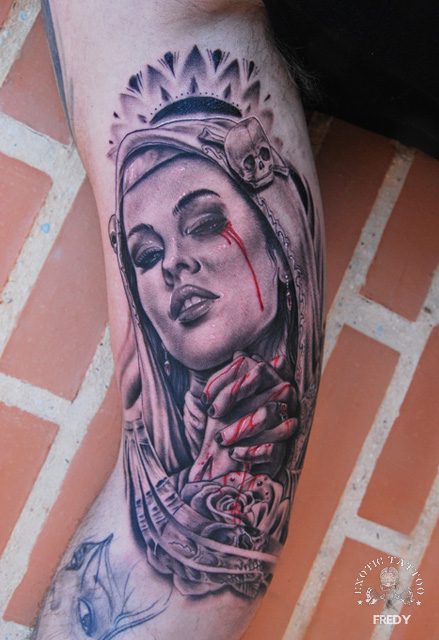 Grey Ink Women Face With Rose Tattoo On Right Bicep By Fredy
