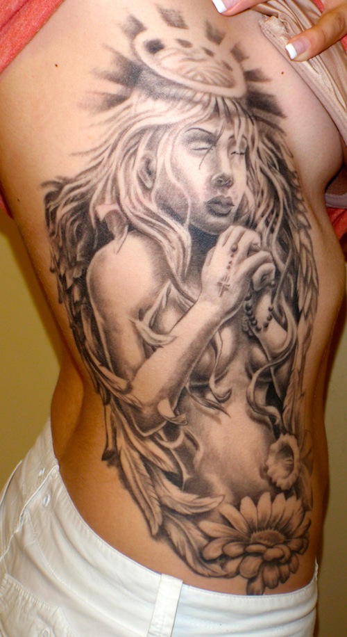 Grey Praying Angel Tattoo On Rib Side