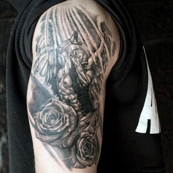 Grey Roses And Angel Tattoo On Half Sleeve