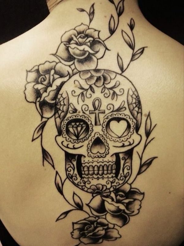 Grey Roses And Sugar Skull Tattoo On Back