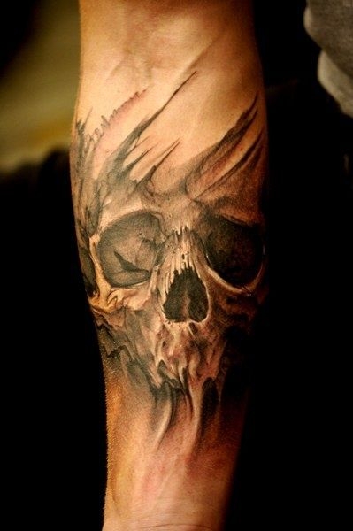 Grey Skull Tattoo On Right Forearm
