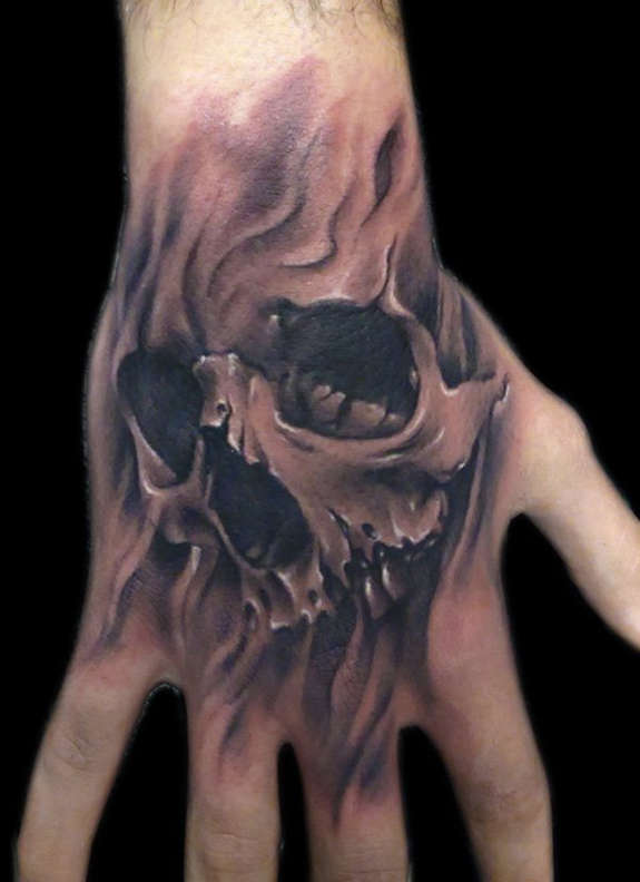 Grey Skull Tattoo On Right Hand