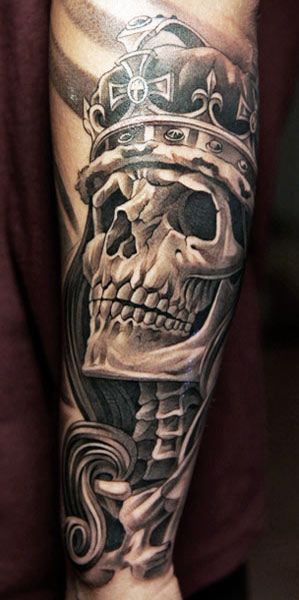 Grey Skull With Crown Tattoo On Arm Sleeve
