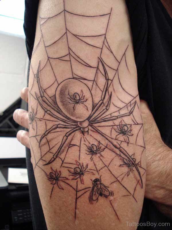 Grey Spider Web Tattoo On Arm Sleeve