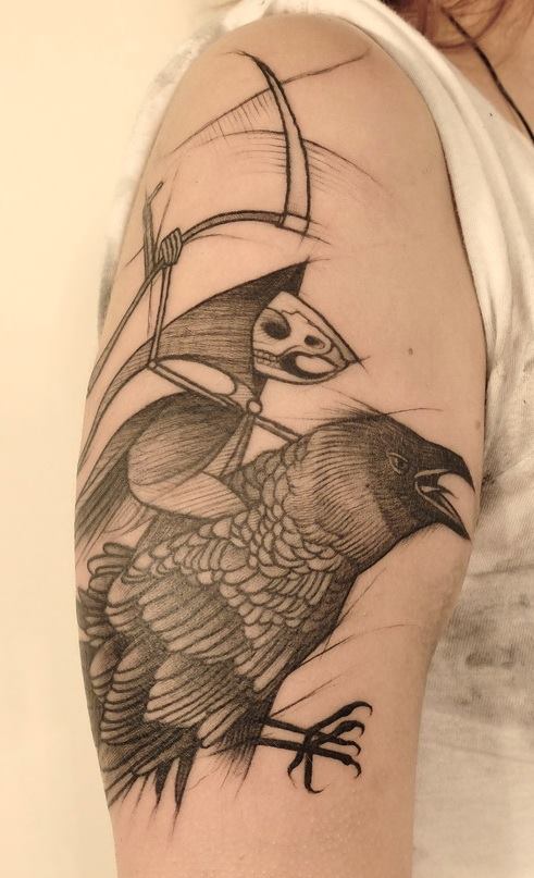 Grim Reaper On Crow Tattoo On Right Half Sleeve