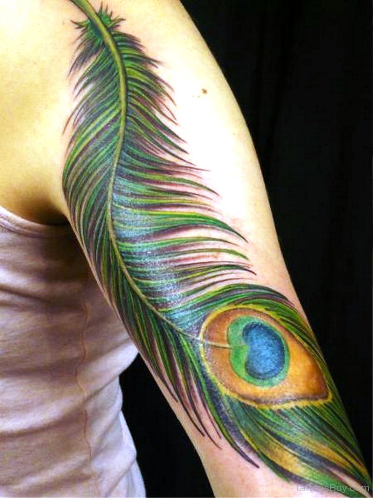 Half Sleeve Green Ink Peacock Feather Tattoo